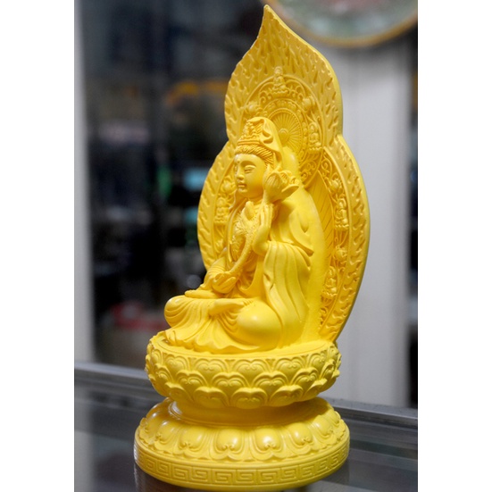 Bộ ba tượng Phật Tây Phương Tam Thánh ngồi đài hào quang vàng mơ cao 17cm