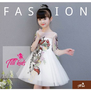 Đầm trắng tay lửng đính hoa – Váy đầm công chúa bé gái thiết kế cao cấp