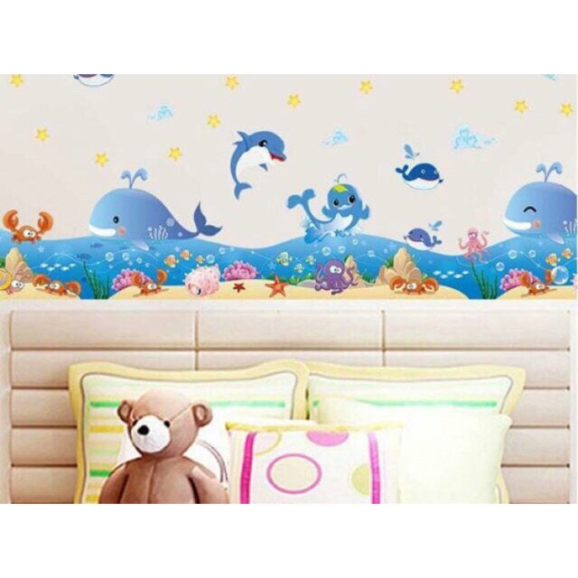 Decal dán tường chân tường cá heo xanh dài 1m3