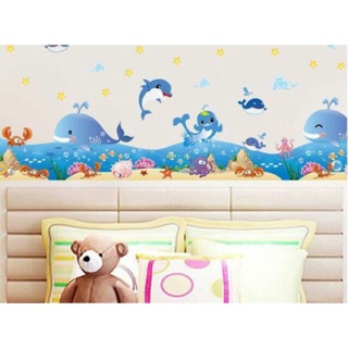 Decal dán tường chân tường cá heo xanh dài 1m3