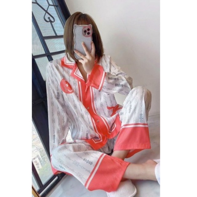 [Hàng sẵn] Bộ ngủ mặc nhà pijama lụa xước Quảng Châu cao cấp tay dài C K cam