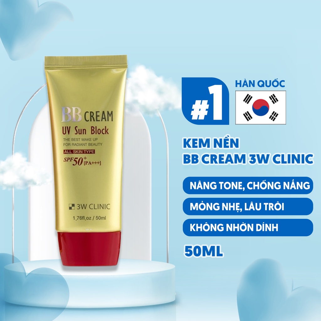 Kem Nền Đa Chức Năng Dưỡng Trắng Da, Chống Nắng Che  Khuyết Điểm BB Cream UV Sun Block 3W Clinic Hàn Quốc 50ml - VỎ ĐỎ