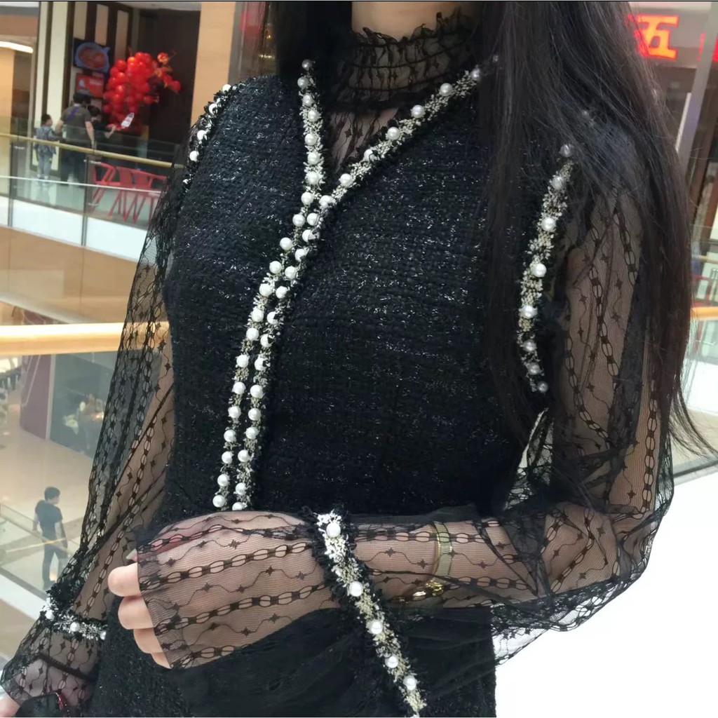 [Sẵn Hàng]♥️Set Váy Dạ Đính Ngọc+Áo Ren Ulzzang Đen-Trắng(ảnh thật)Size S,M,L