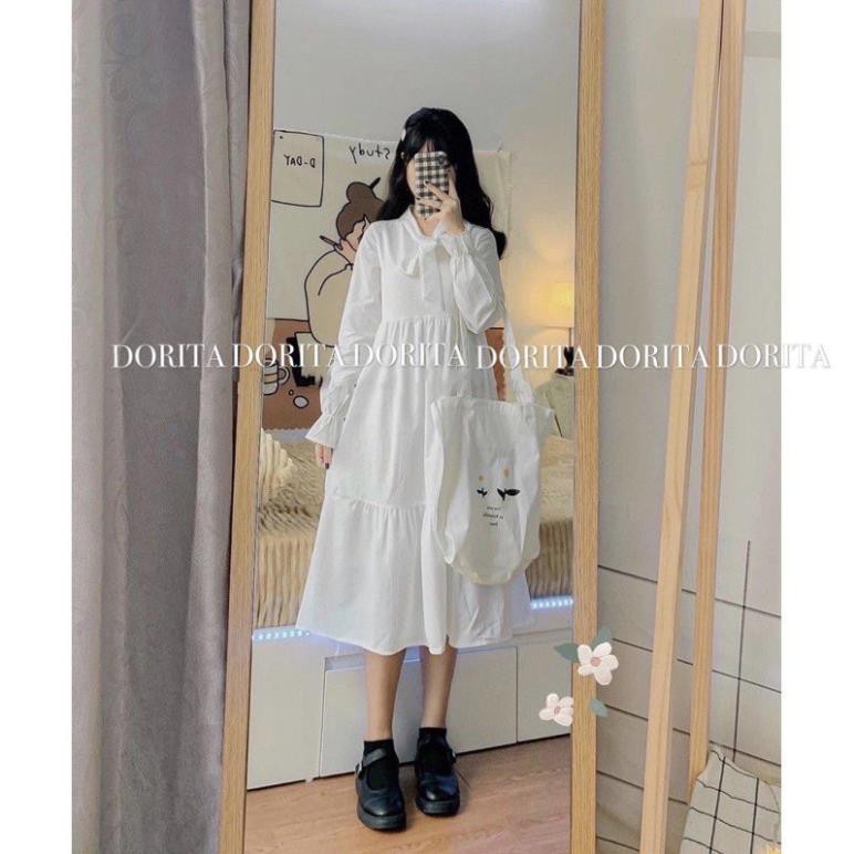 [Loại1SALE-Freeship] Váy trắng cổ nơ có lót trong❤dáng vintage trắng dáng dài❤phong cách babydoll Hàn Quốc | BigBuy360 - bigbuy360.vn