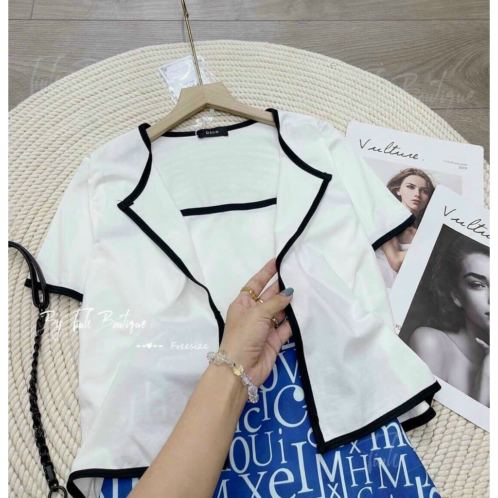 Sét bộ 3 món áo thun trong kèm áo khoác tay ngắn phối viền mix chân váy họa tiết chữ siêu hot