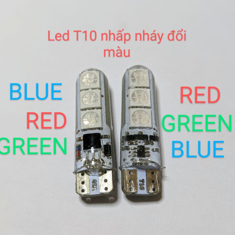 Set 2 bóng đèn T10 Led nhấp nháy đổi màu RGB ô tô xe máy