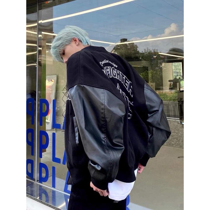 Áo Khoác Bomber Unisex FOR GET , Áo Khoác Nam Nữ Chất Nỉ Phối Tay Da 2023