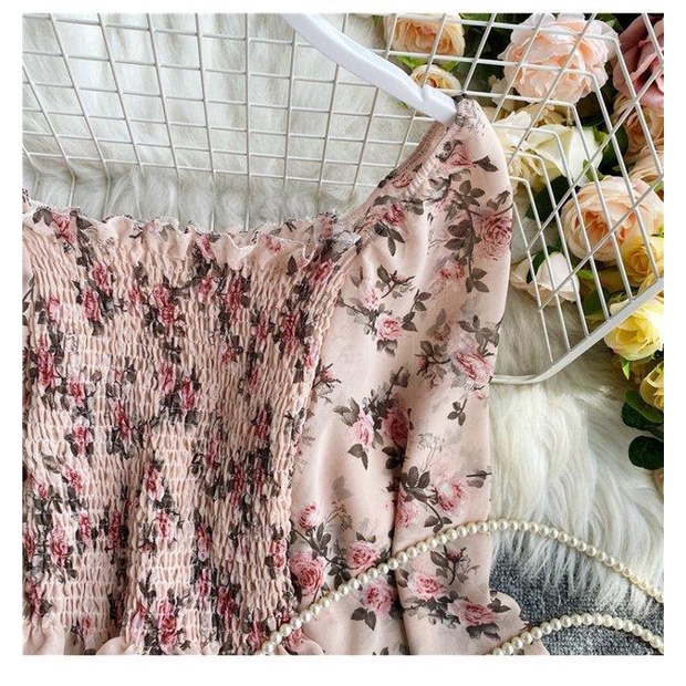 Áo sơ mi voan tay dài cổ vuông eo cao trễ vai in họa tiết hoa cổ điển thời trang quyến rũ cho nữ