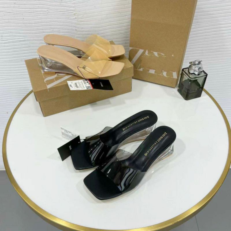 Guốc xuồng Zaraa mica gót trong quai trong gót 5p thấp đen nude