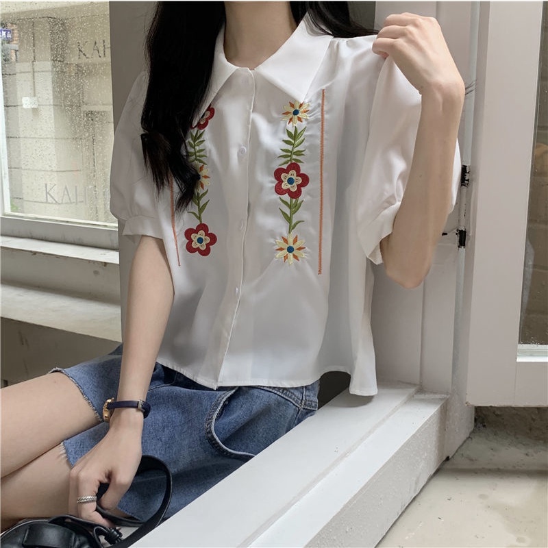 Áo Sơ Mi Tay Phồng Ngắn Dáng Rộng Thêu Hoa Thời Trang Mùa Hè Mới Cho Nữ