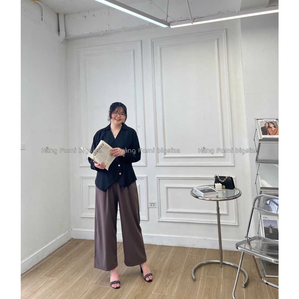 Áo kiểu đắp chéo cổ sơ mi V chiết eo nhẹ phối khuy mạ vàng bigsize