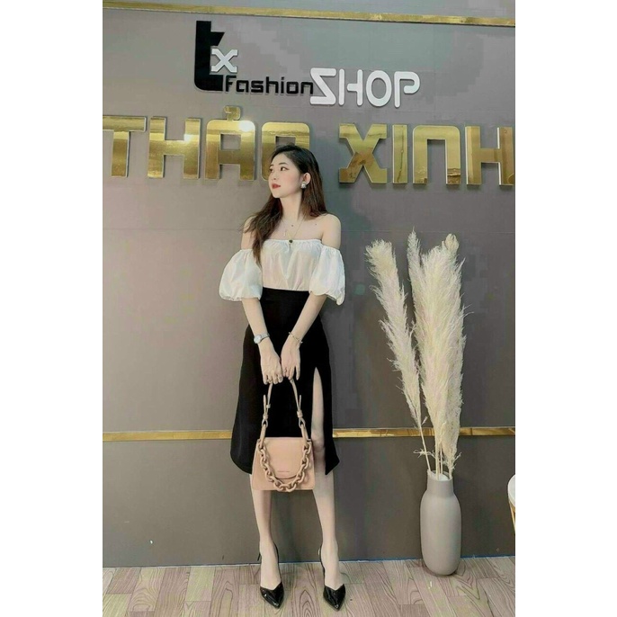 SÉT ÁO TRỄ VAI PHỐI CHÂN VÁY XẺ ĐÙI TÔN DÁNG SIÊU XINH TSX VLTN SHOP