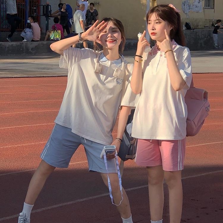 Set Áo Thun Polo Ngắn Tay + Quần Short Thời Trang Hàn Quốc Mới Cho Nữ