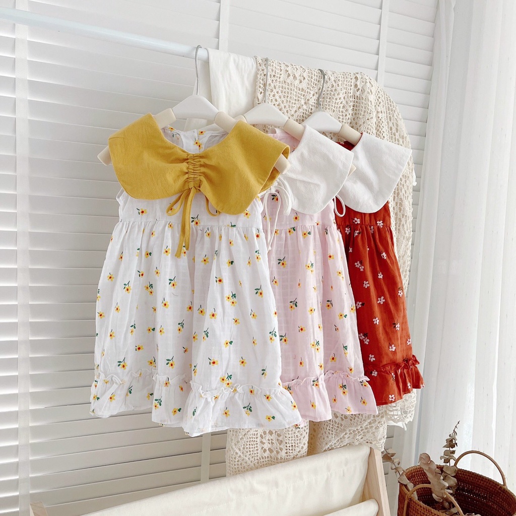Váy hè sát nách cổ bèo dây rút cho bé 8-21kg (1-6 tuổi)