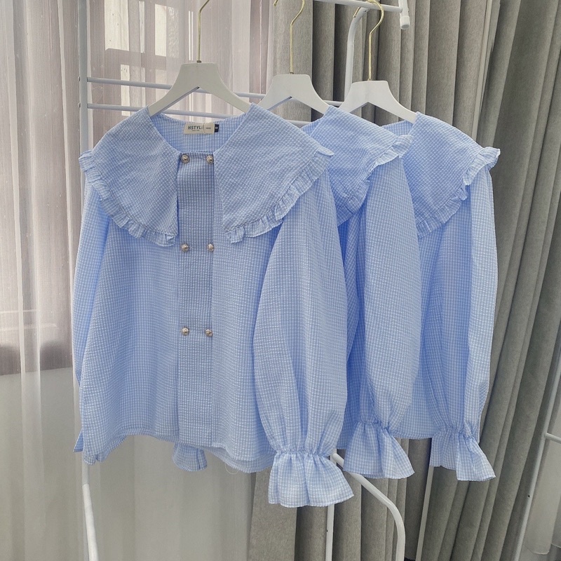 Áo Sơ Mi Cổ Bèo Kẻ Xanh Áo Kiểu Nữ Hàn Quốc Tay Phồng Bánh Bèo Tiểu Thư Form Rộng Cúc Ngọc Siêu Hot