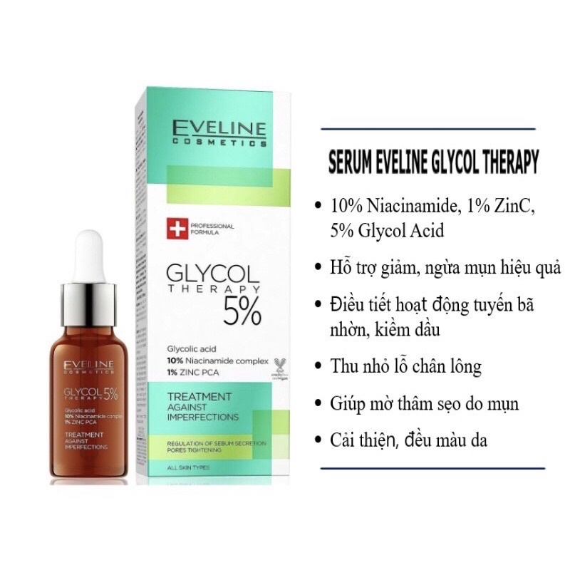 Serum Eveline 5%Glycol Therapy, 10% Niacinamide giúp ngừa mụn, mờ thâm, giảm dầu 18ml