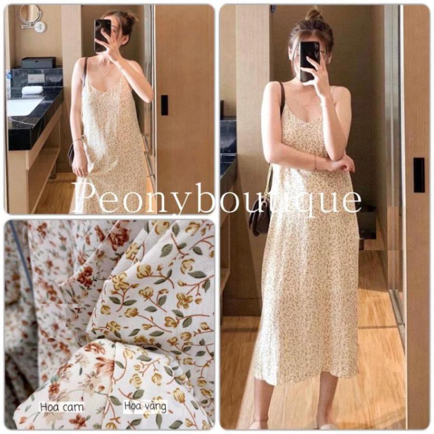 Váy 2 Dây Hoa Nhí Cam   Nữ [] 🌸 Đầm midi maxi mặc đi biển, dáng suông dài cổ tim bánh bèo Ulzzang 🌸