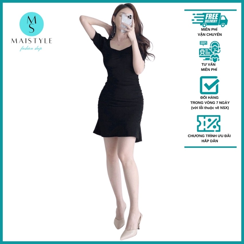 Váy MAISTYLE Đầm ôm body sexy dự tiệc cổ vuông công sở đen tay phồng thiết kế sang chảnh nhún eo cá tính thun MY1101 | BigBuy360 - bigbuy360.vn