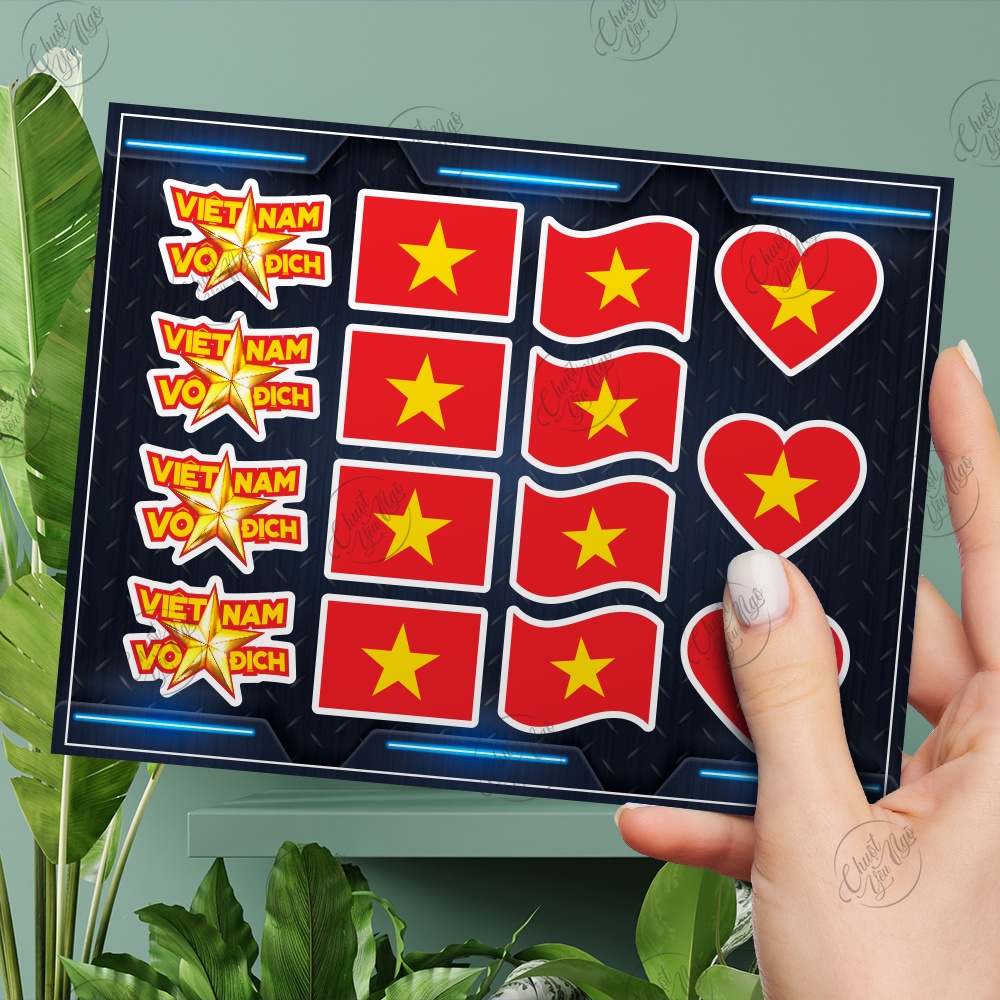 Bộ 15 sticker DÁN MÁ cổ động bóng đá Việt Nam vô địch đá bóng cờ đỏ sao vàng trang trí xe tem decal