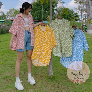 [Ảnh thật] Áo sơ mi ngắn tay oversize hoạ tiết hoa cúc dễ thương