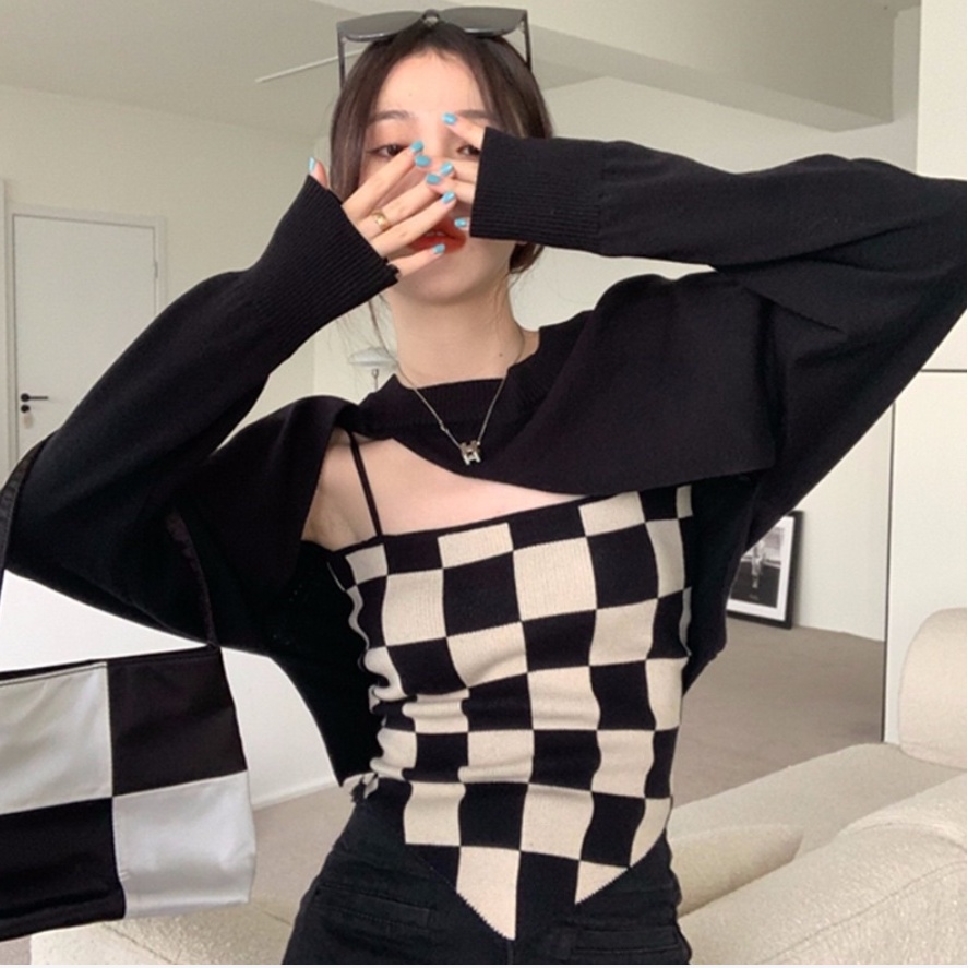 Áo len tay dài hai mảnh họa tiết kẻ ô màu trơn dành cho nữ
