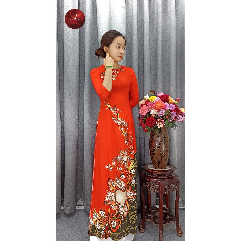 Áo dài nữ lụa nhật màu đỏ họa tiết hoa to - Áo dài Airi