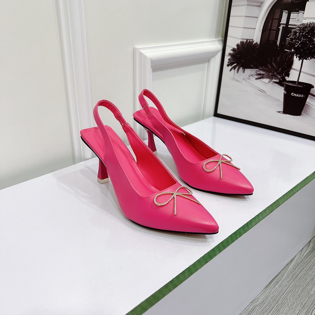 Sandal cao gót nữ 7p mũi nhọn bít bản nơ xoàn đá hàng cao cấp chất da đẹp xịn sò - Chị Chảnh Store
