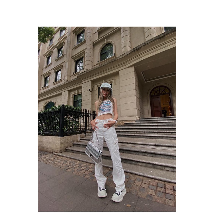 Quần Jeans Dài Lưng Cao Màu Trắng Phong Cách Hip Hop Đường Phố Thời Trang Mùa Xuân Mới Cho Nữ