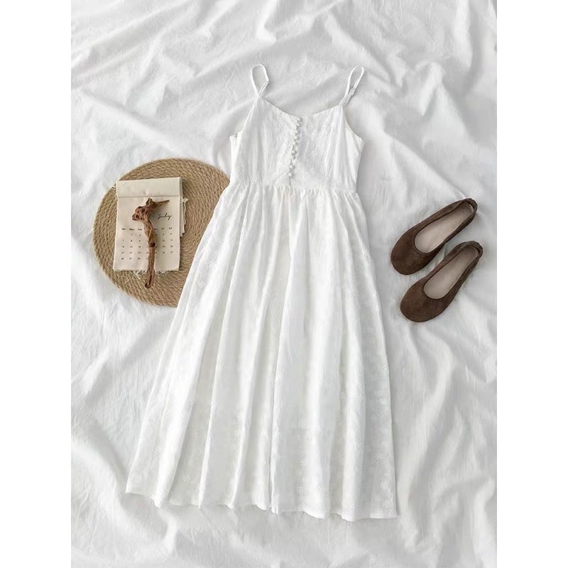 (ORDER) Váy hai dây màu trắng dáng xòe dài nhẹ nhàng phối ren lưới style vintage công chúa cổ tích (NEW ARIVALS)