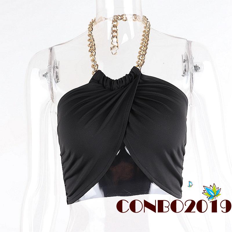 Áo Croptop Sát Nách Hở Lưng Phối Dây Xích Kim Loại Thời Trang Mùa Hè Cho Nữ