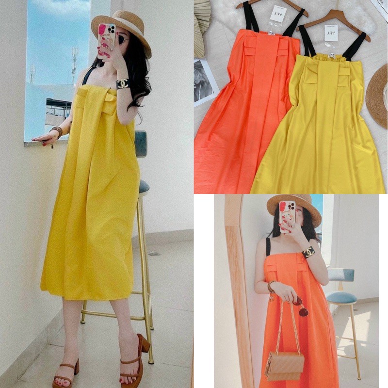 Váy đầm nữ nơ xoè lụa thô hàng Qc loại 1 , Đầm maxi đi du lịch