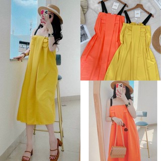 Váy đầm nữ nơ xoè lụa thô hàng Qc loại 1 , Đầm maxi đi du lịch