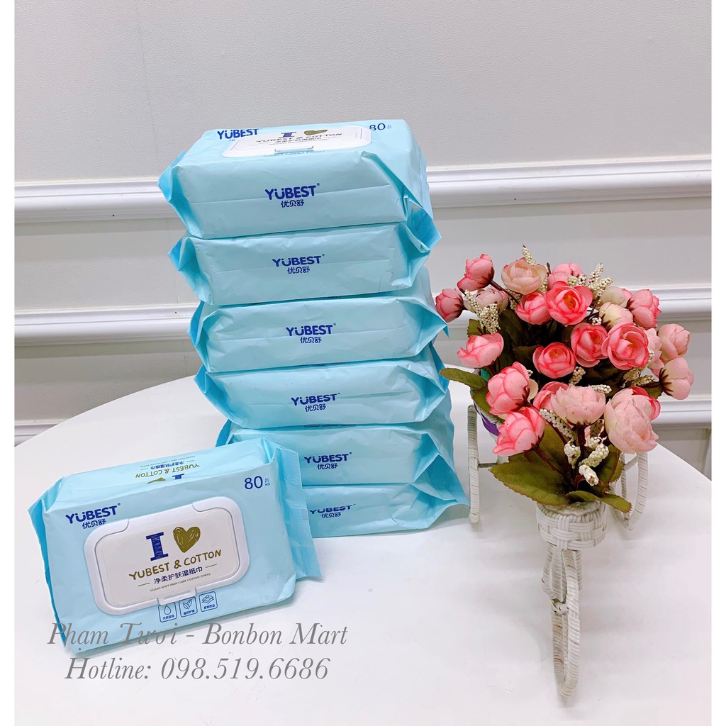 Khăn ướt yubest nội địa trung gói 80 tờ phân phối chính hãng Bonbon Mart