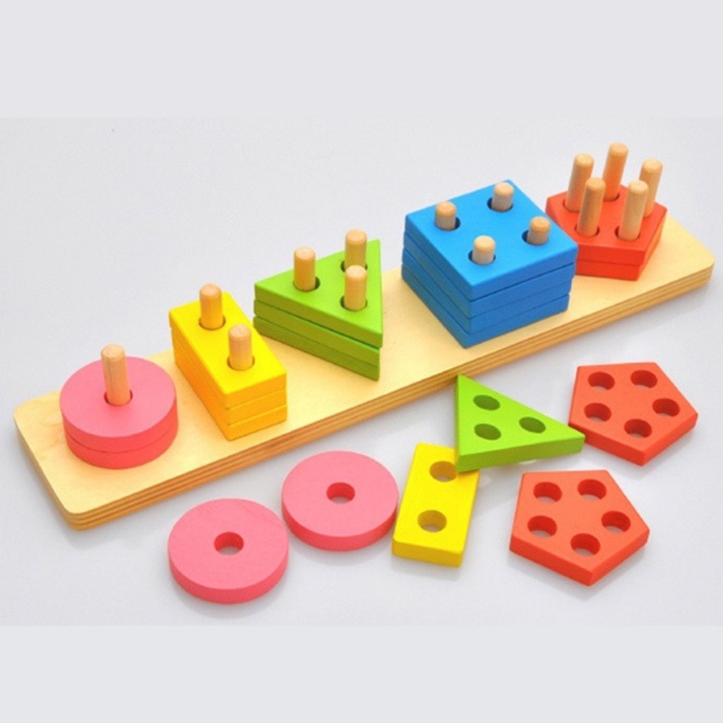 Giáo Cụ Montessori Bộ 5 Cọc Thả Hình Khối 3D