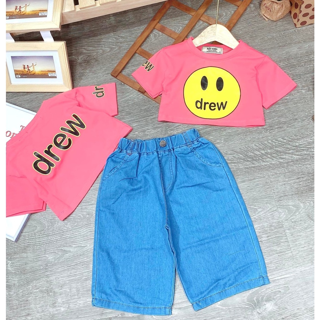 Bộ Áo Thun Quần Jean ống rộng bé gái , Áo Croptop Quần Jean Co Giãn , Trang 25 Kids - As19