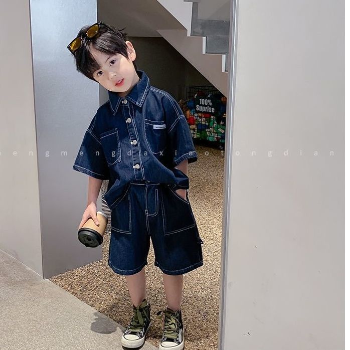 Bộ Áo Sơ Mi Ngắn Tay + Quần Đùi Denim Phong Cách Hàn Quốc Thời Trang Mùa Hè Mới Cho Bé Trai