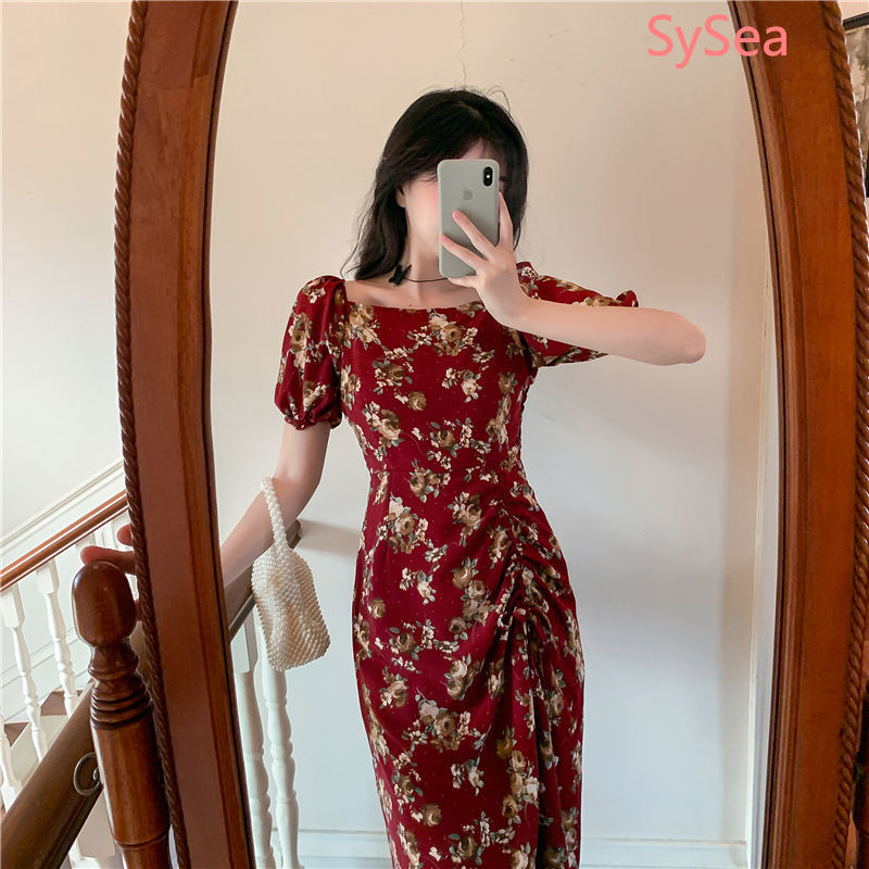 Đầm Cổ Vuông Tay Phồng In Họa Tiết Thời Trang Mùa Hè Cho Nữ