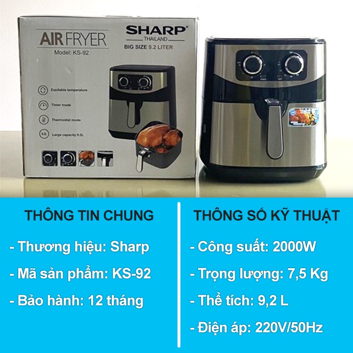 Nồi Chiên Không Dầu Sharp KS-92 Dung Tích Lớn 9,2L,Công Nghệ Chiên 360 độ,Nhập Khẩu Thái Lan, Bảo Hành Chính Hãng 12 TH