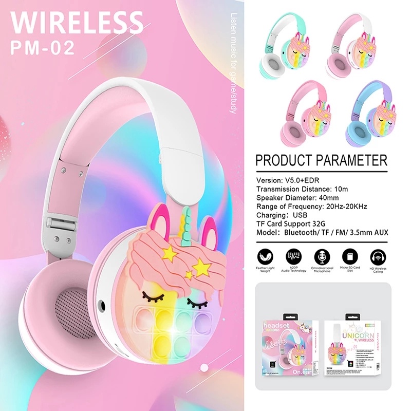 Tai Nghe Bluetooth Không Dây Có Mic Và Đèn RGB Kiểu Dáng Kỳ Lân Hoạt Hình Dễ Thương Cho Bé