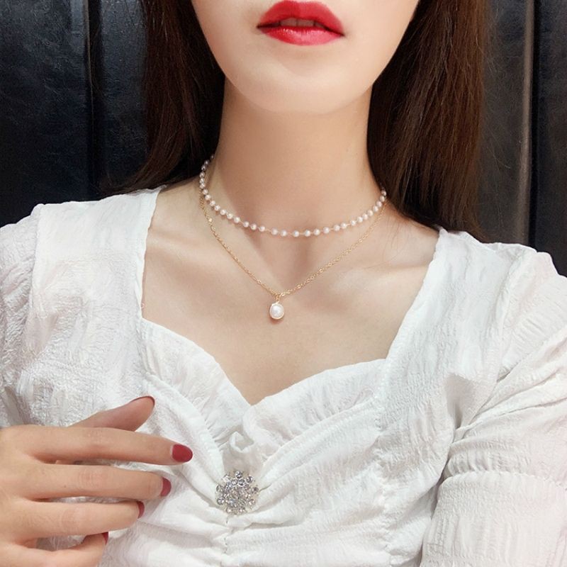 Vòng cổ nữ - Chocker 2 lớp đính đá ngọc trai nhân tạo phong cách hiện đại cá tính