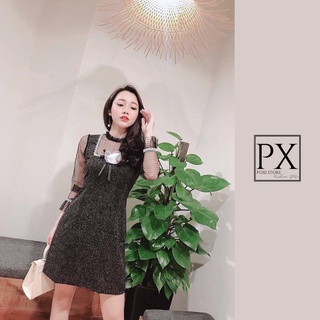 Đầm Chữ A Bố Phối Tay Lưới KÈM TAG HOA TRƯỚC NGỰC (Bố Đen Tiêu)