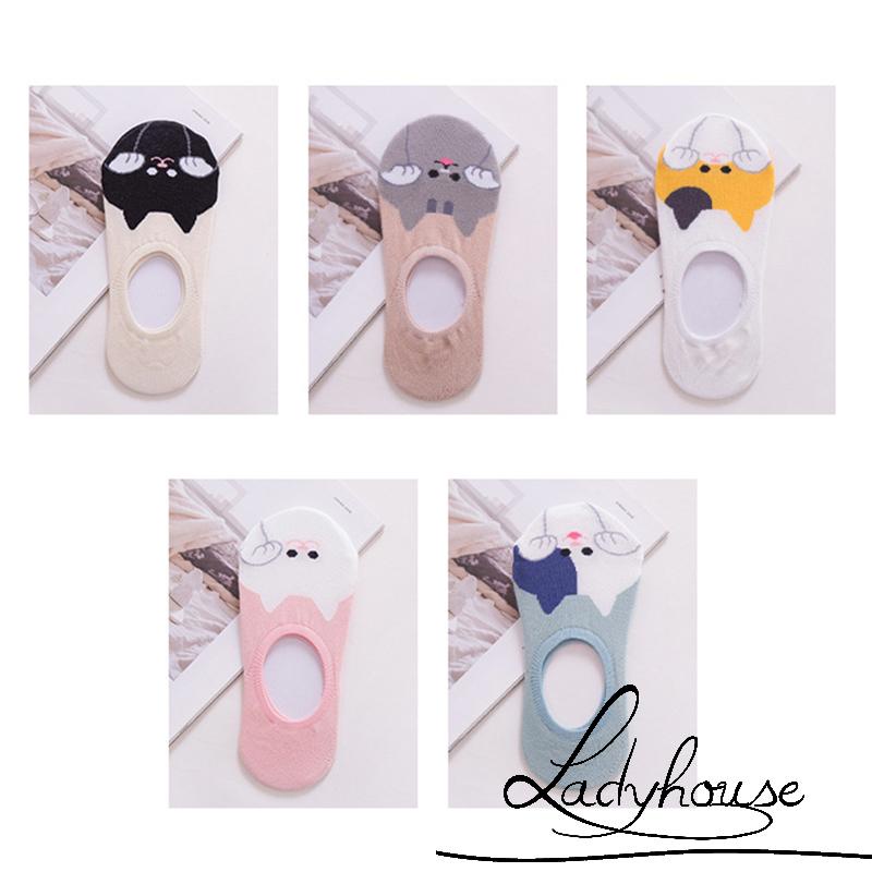 Vớ Phẳng Tàng Hình Chống Trượt In Hình Mèo Hoạt Hình Cổ Thấp Cho Nữ