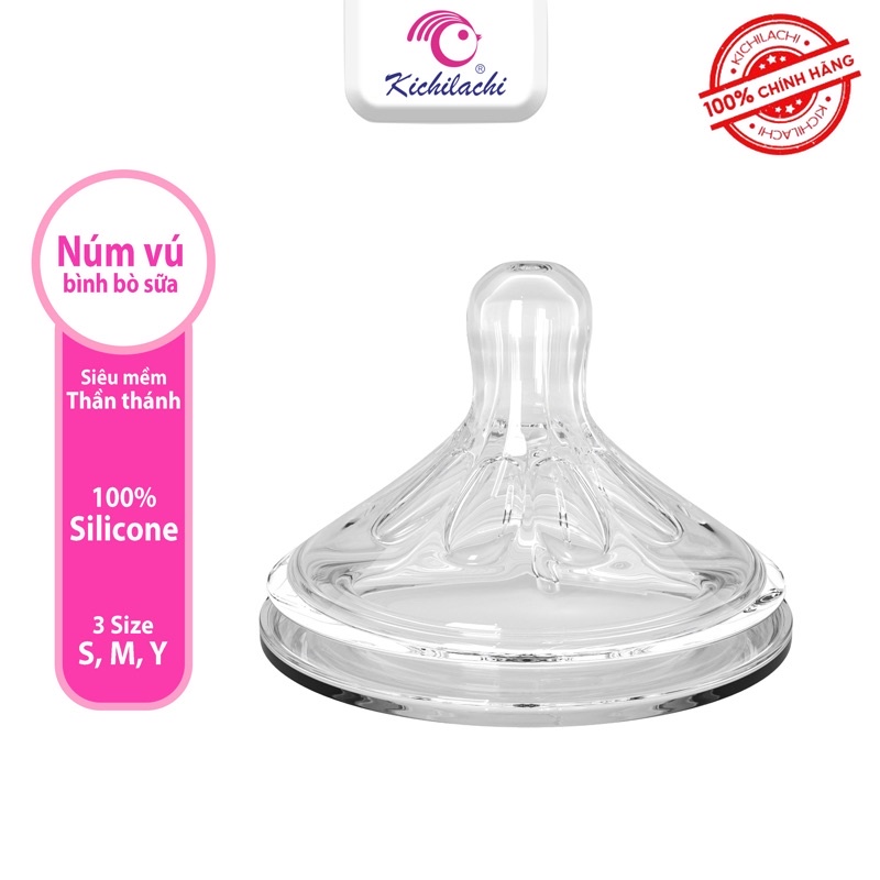 Núm Ti Bình Bò Sữa Kichilachi Cổ Rộng 100% Silicone Cao Cấp, Siêu Mềm, Mô Phỏng Bầu Vú Mẹ