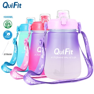 Bình nước QUIFIT nhựa tritan miệng rộng không chứa BPA có ống hút 1L tiện lợi