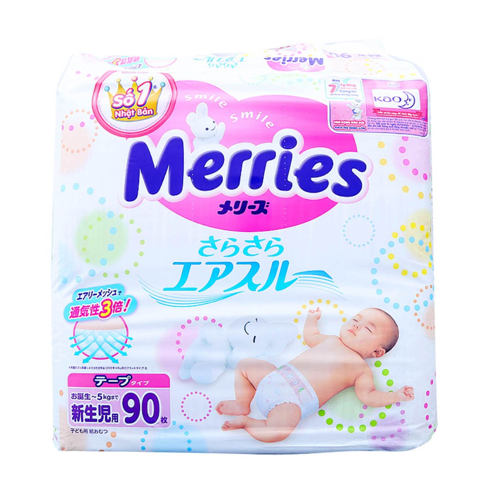 [CHÍNH HÃNG] Bỉm - Tã Dán Merries Newborn - Bịch 90 Miếng (Cho bé <5 kg)