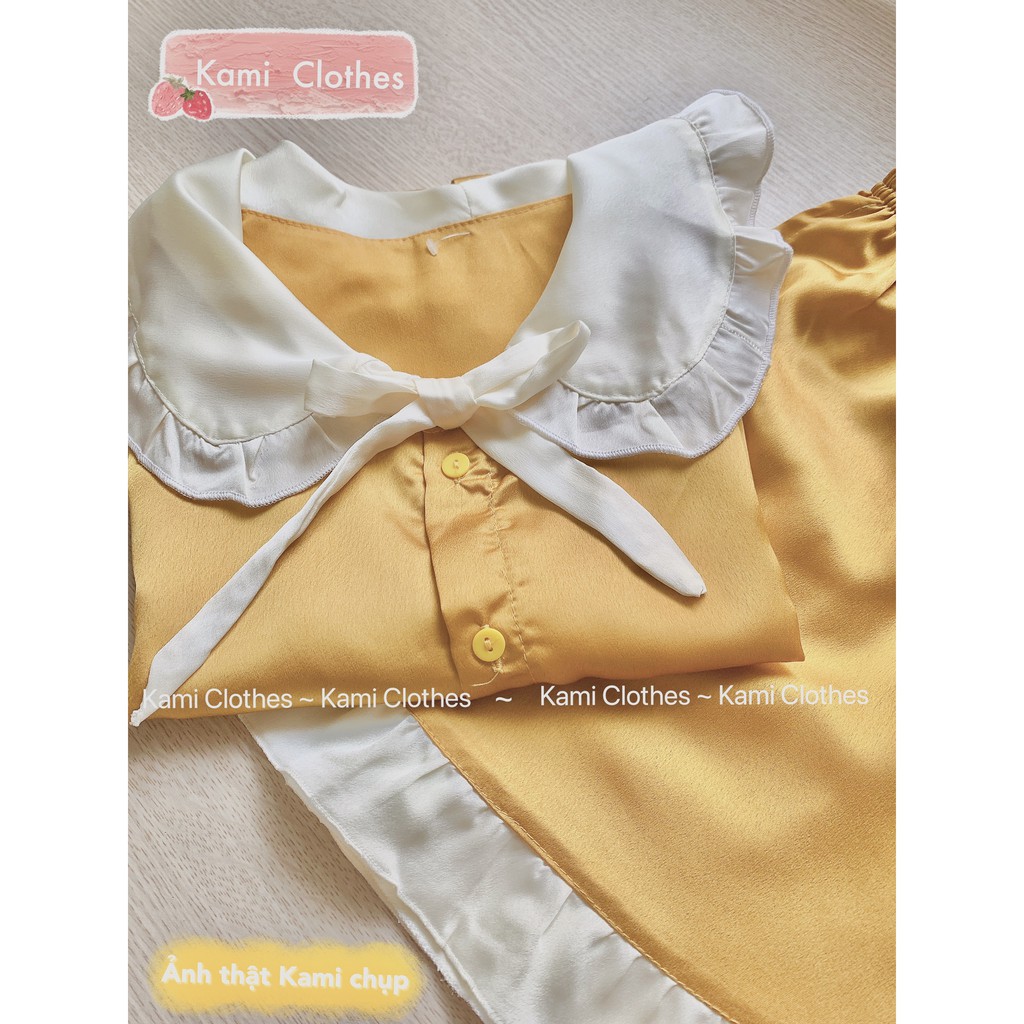 Video/ảnh thật - Bộ lụa ngủ nữ cổ bèo cộc tay chất lụa satin mát lịm bao đẹp, bao mát, Bộ Pijama - Kami Clothes