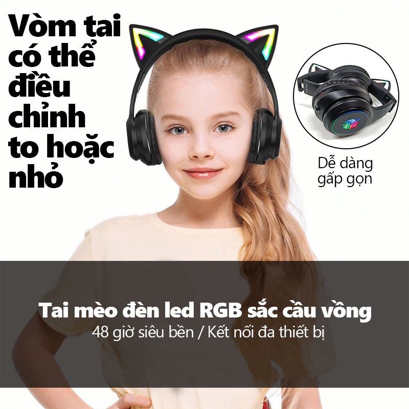 Tai nghe chơi game không dây Bluetooth tai mèo ONIKUMA B90 Đen với micrô có thể thu vào đèn RGB