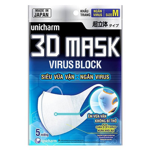 Khẩu trang ngăn vi khuẩn Unicharm 3D Mask Virus Block (Ngăn được bụi mịn PM2.5) gói 5 cái