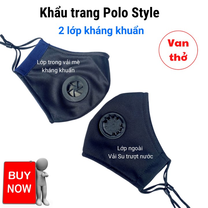 Khẩu trang 2 Van thở Polo Style, 2 lớp vải Su trượt nước, quay đeo dây rút tiện lợi, không đau tai | BigBuy360 - bigbuy360.vn