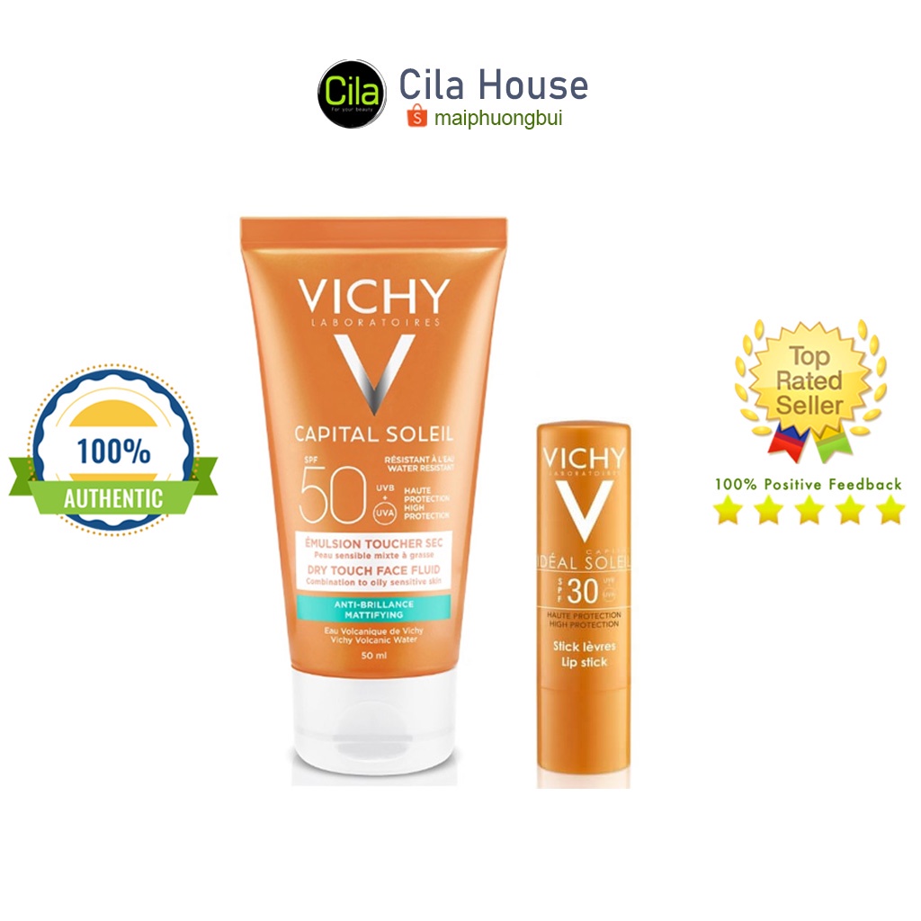 Set Kem Chống Nắng Vichy Ideal Soleil SPF50+ Dry Touch + Son Dưỡng Chống Nắng Vichy SPF30 - Cila House